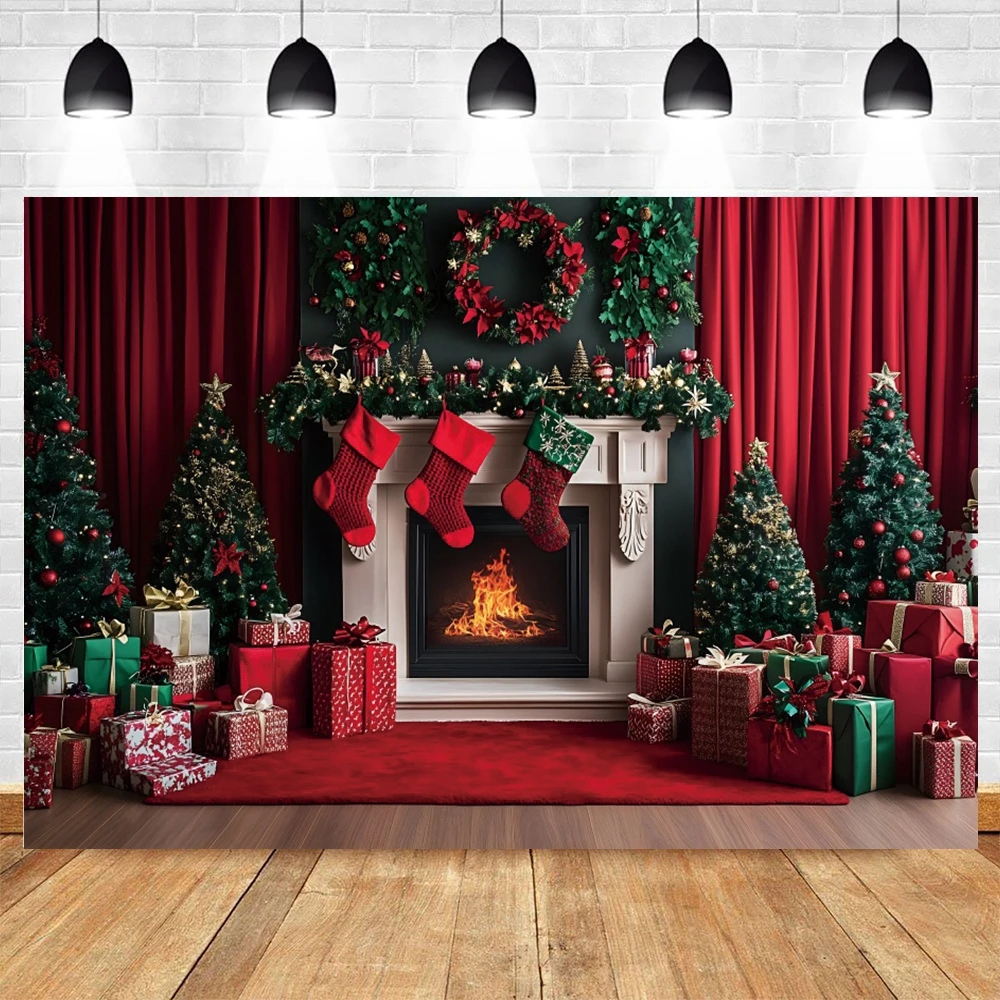 Red Christmas Fireplace Photography Backdrop Window Wreath Xmas Tree New Year Family Party Decoration Portrait Background Props