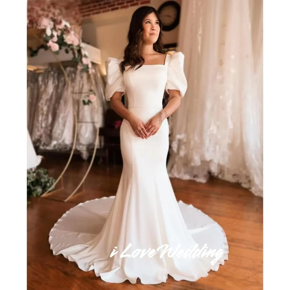 White Square Neck Wedding Dress Cap Sleeve Mermaid Sweep Train Satin Bridal Gown Backless Elegant Floor-Length Pleated Customiz