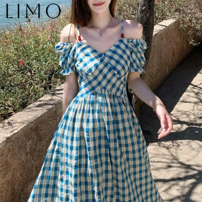 

LIMO 2025 New Off Shoulder Dress Blue White Check Slim Fit Sexy Elegant Spring Summer Fashionable Casual High Quality