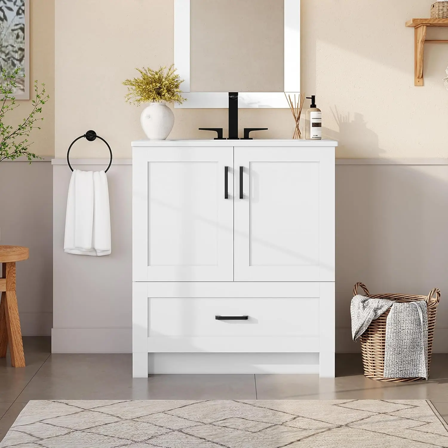 30 Inch White Shaker Bathroom Vanity Cabinet with Sink Countertop, Customized