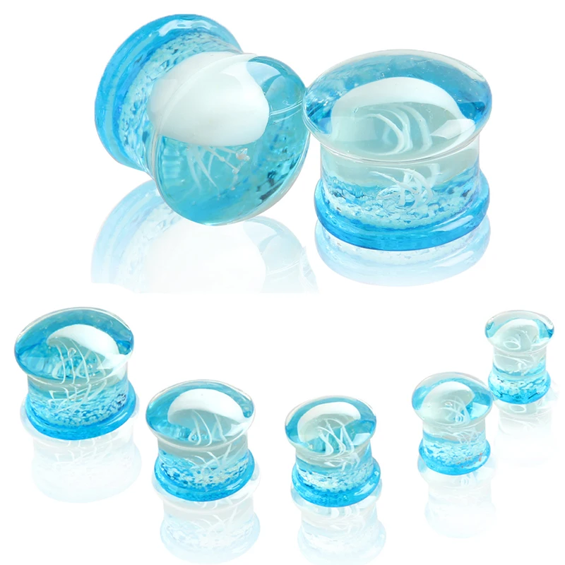 2pcs Color Ocean Jellyfish Glass Ear Plugs and Tunnel Dual Horn Earbuds Tunnel Extender Stretch Expander Earring Piercing Oreja