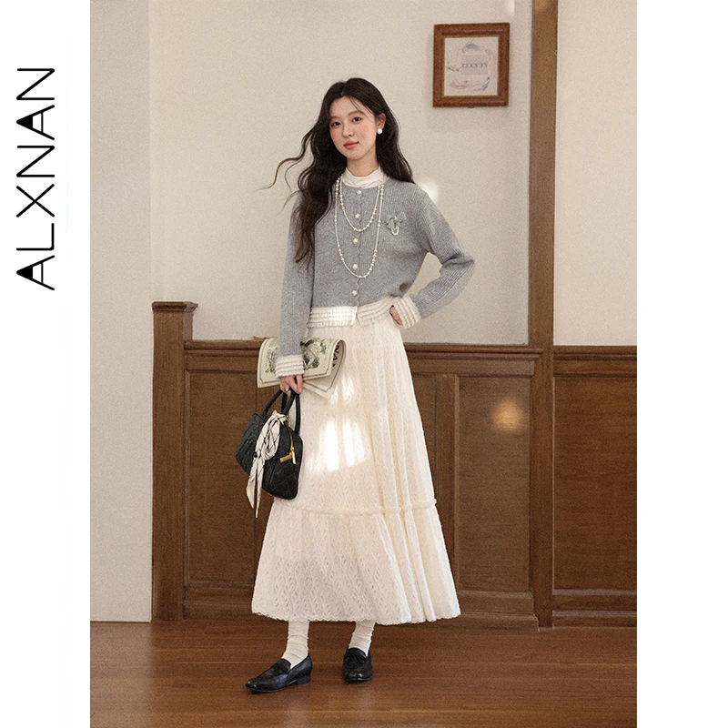 

ALXNAN Women's Knitted Cardigan 2025 Autumn New Color-blocking Patchwork Long Sleeve Casual Female Elegance Versatile Top L57830