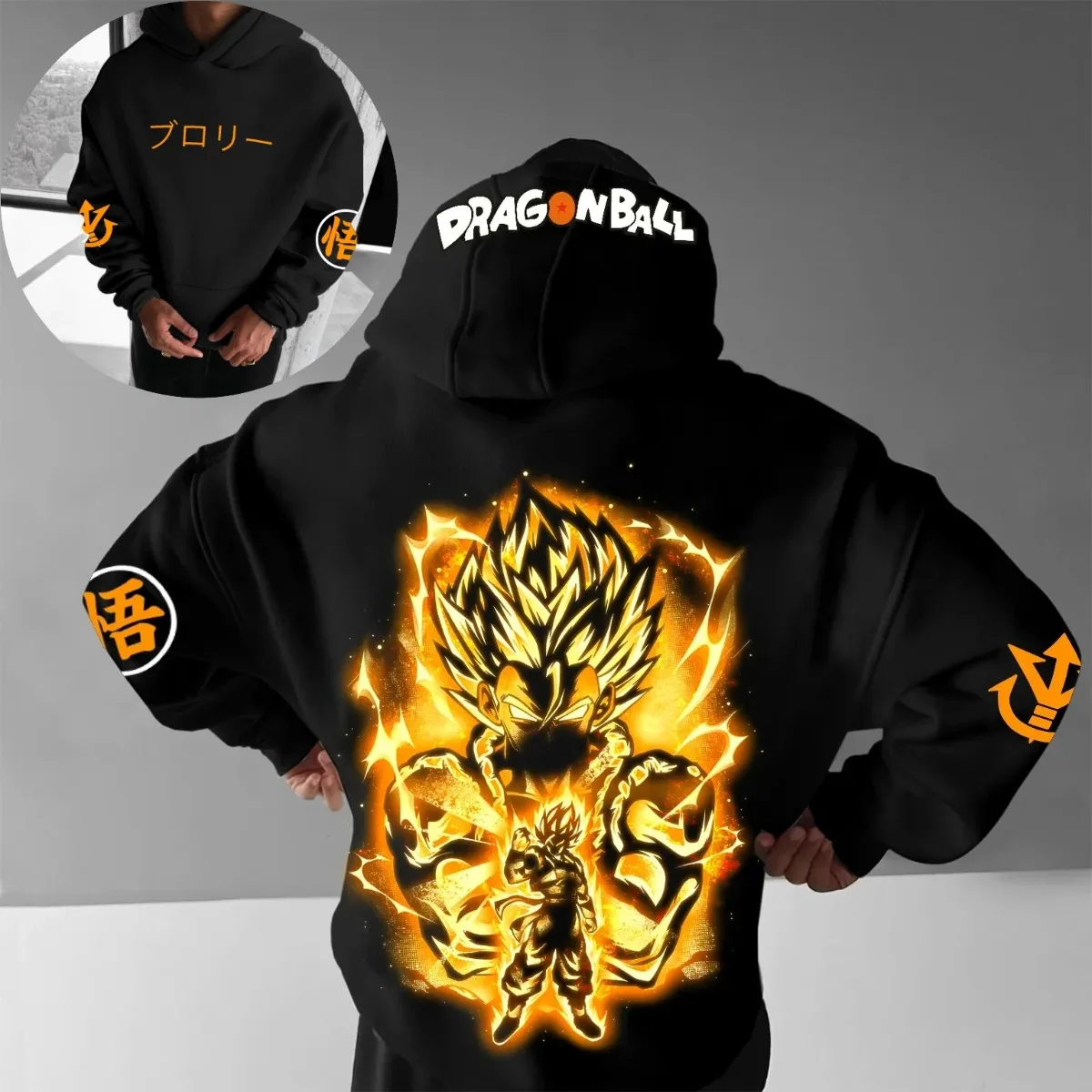 

Dragon Ball 2025, новинка Vegeta Super Saiyan Fire Energy, толстовка с капюшоном в стиле аниме, мужская черная, оранжевая, с принтом на спине, японский текст, уличная мода