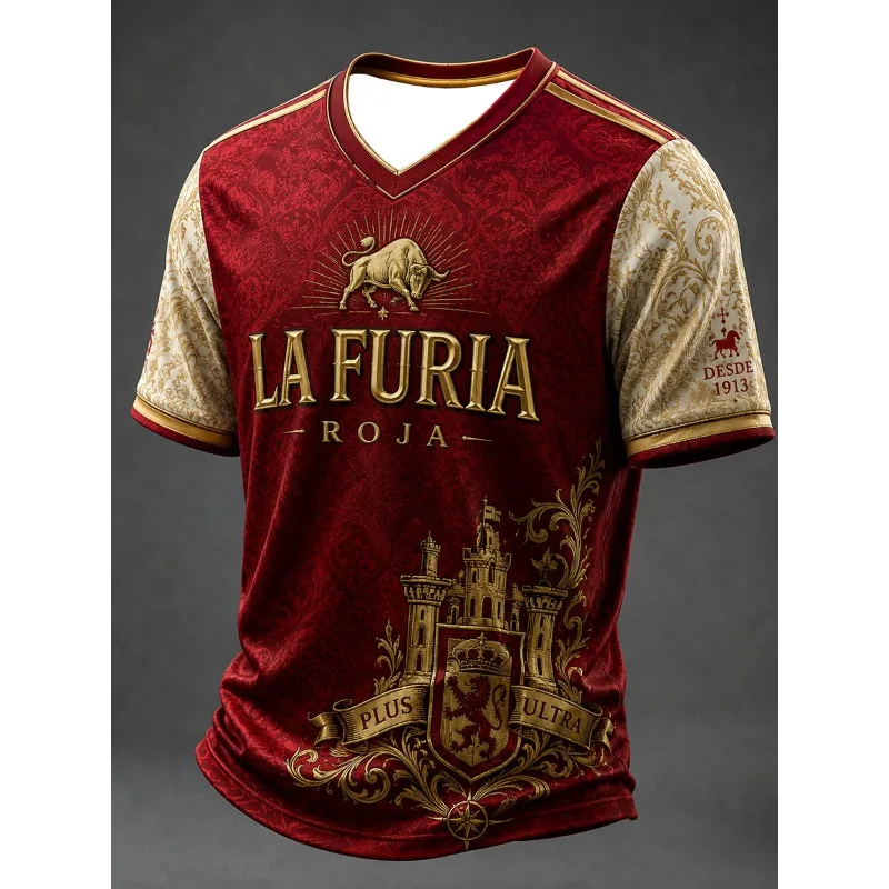2026 Family Matching Spain La Furia Roja Golden Bull Castle Heraldic Themed Football Jersey Breathable Quick-Dry Soccer Fans Tee