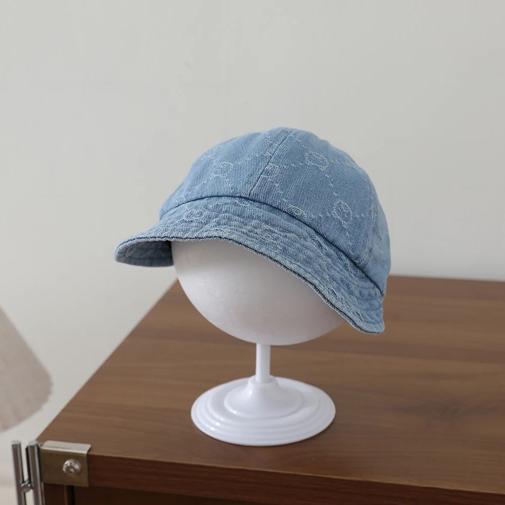 Retro water-washed denim children's baseball cap with full pattern of small bear diamond jacquard soft brim fisherman hat