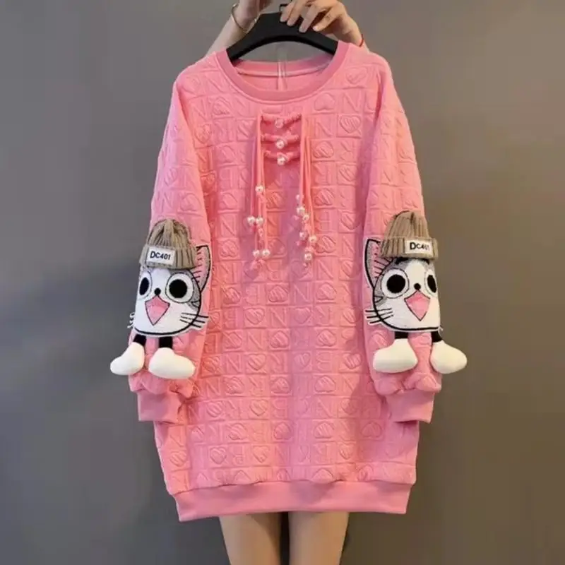 Oversized Women Top Autumn Buckle Designer Clothes Cartoon Cute Cats Pattern Hoodie Women Pullover Loose Dress Winter Coat