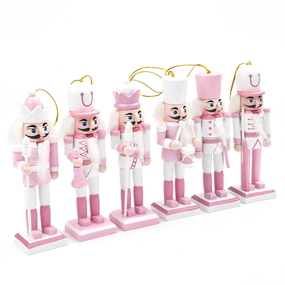 12CM Nutcracker Soldier Puppet 6 Piece Set Garland Pink White Home Ornaments Merry Christmas Decorations Holiday Gift Pendant