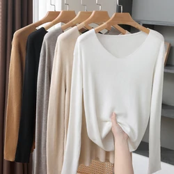 Spring and Autumn New V-neck Solid Color Wool Knitted Bottom Shirt Women's Slim-fit Long-sleeved Pullover Sweater with Simple