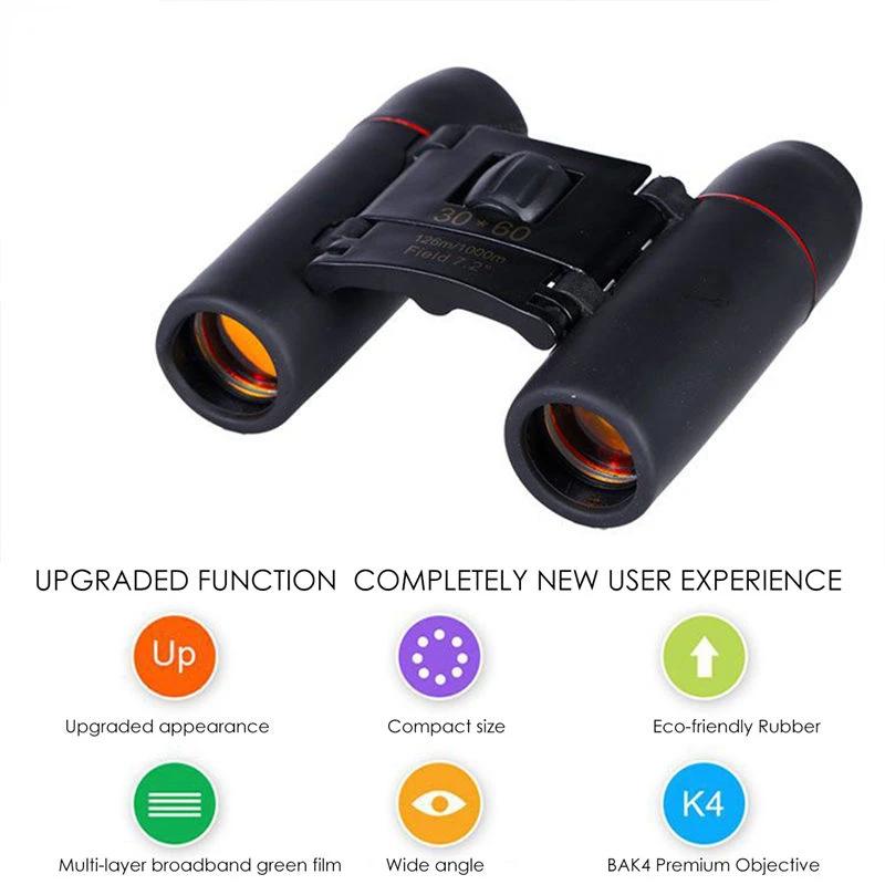 Optical Folding Telescope 30x60 Compact Binoculars 126/1000m Zoom BAK4 prism Portable Night Vision Foldable Mini Binoculars