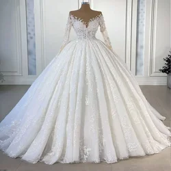 Customized Elegant Wedding Dress Illusion Neck Long Sleeves Lace Appliques Pearls Beads Bride Gowns Robe Mariage Vestidos