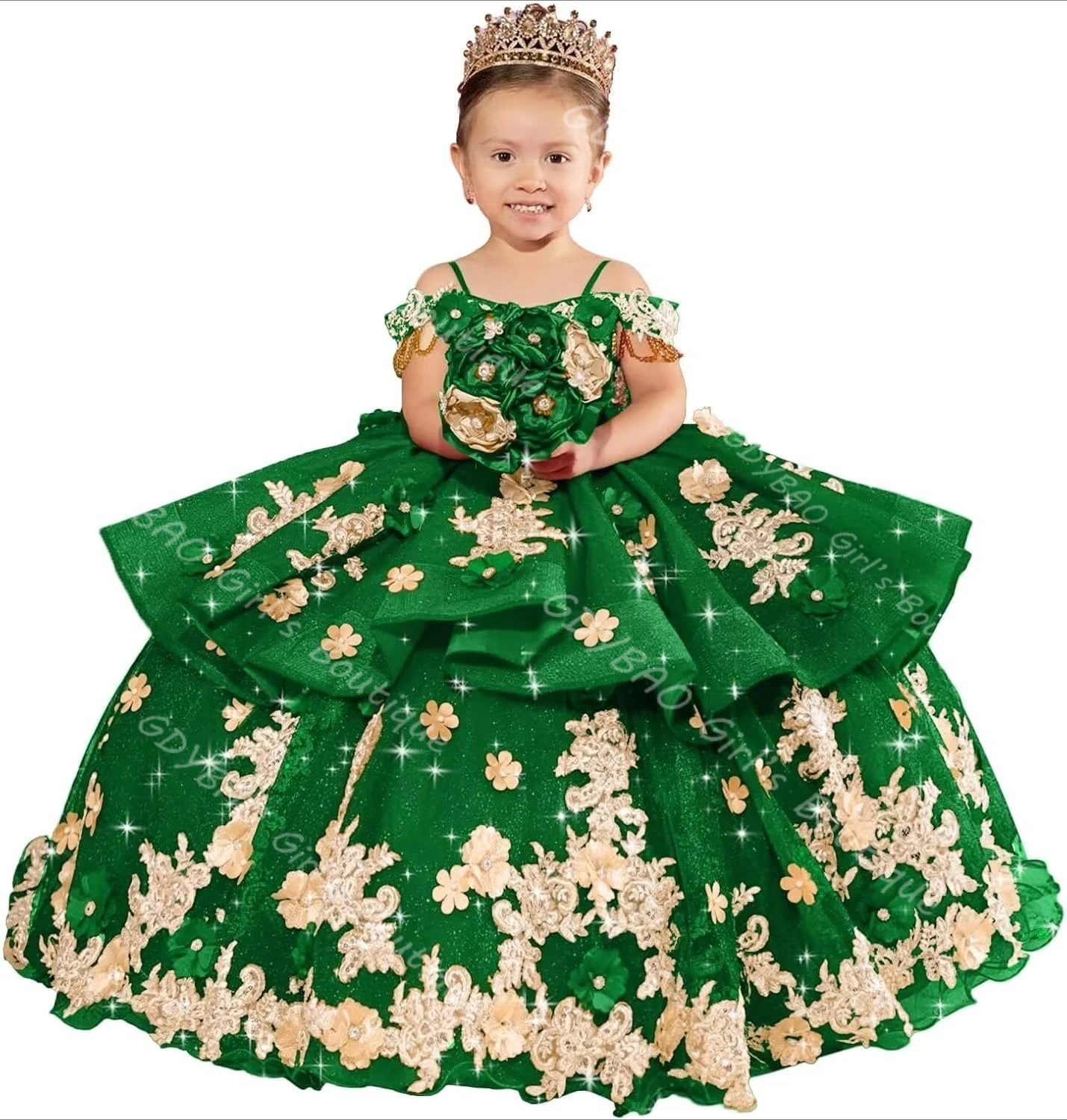 Ball Gown Flower Girl Dress Toddlers Gold Appliqued Tiered Tulle Princess Pageant Dress Drop Shoulder Custom Wedding Party Frock #6