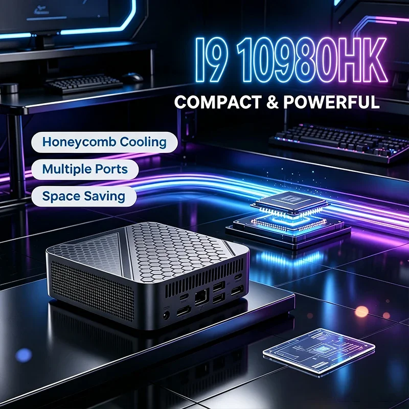 New I9 10980HK Mini PC Honeycomb Cooling Design Multiple Ports Space‑Saving Desktop Computer for Home Office Business Daily Work