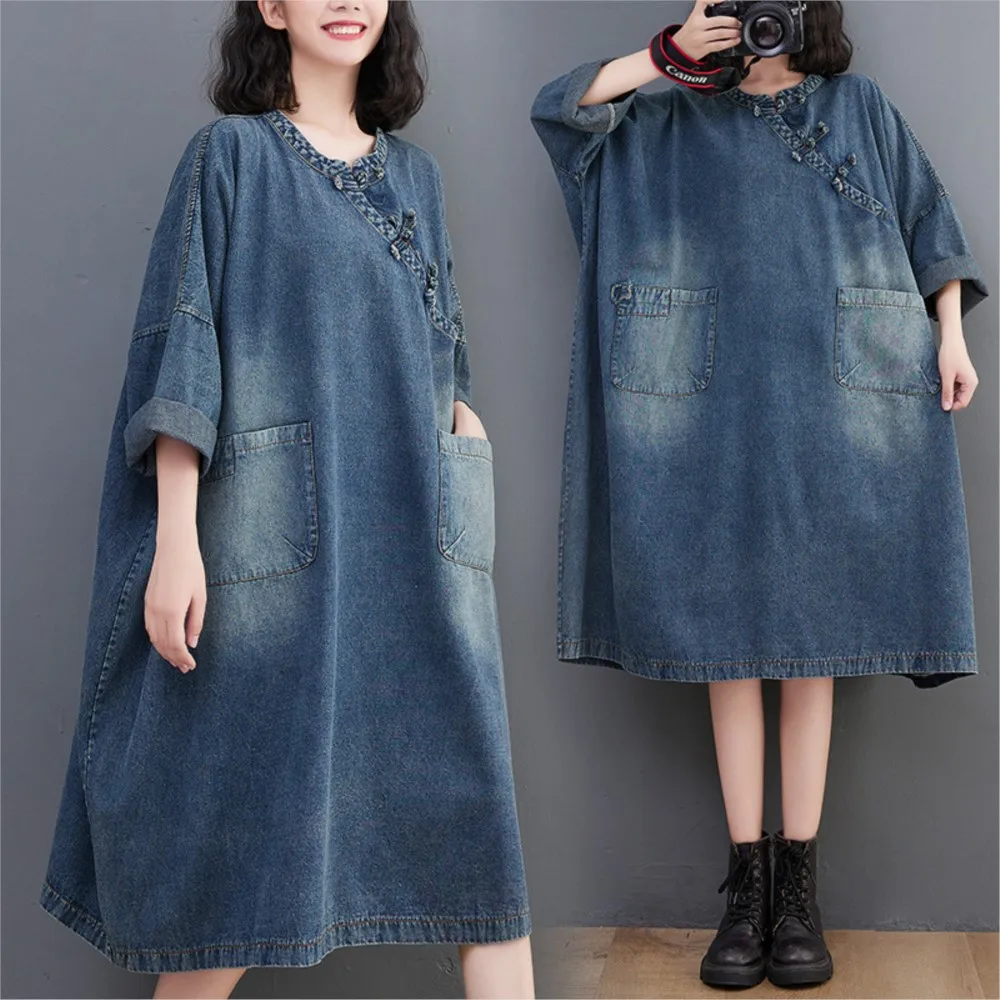 

Loose casual elegant dress women denim dress pocket