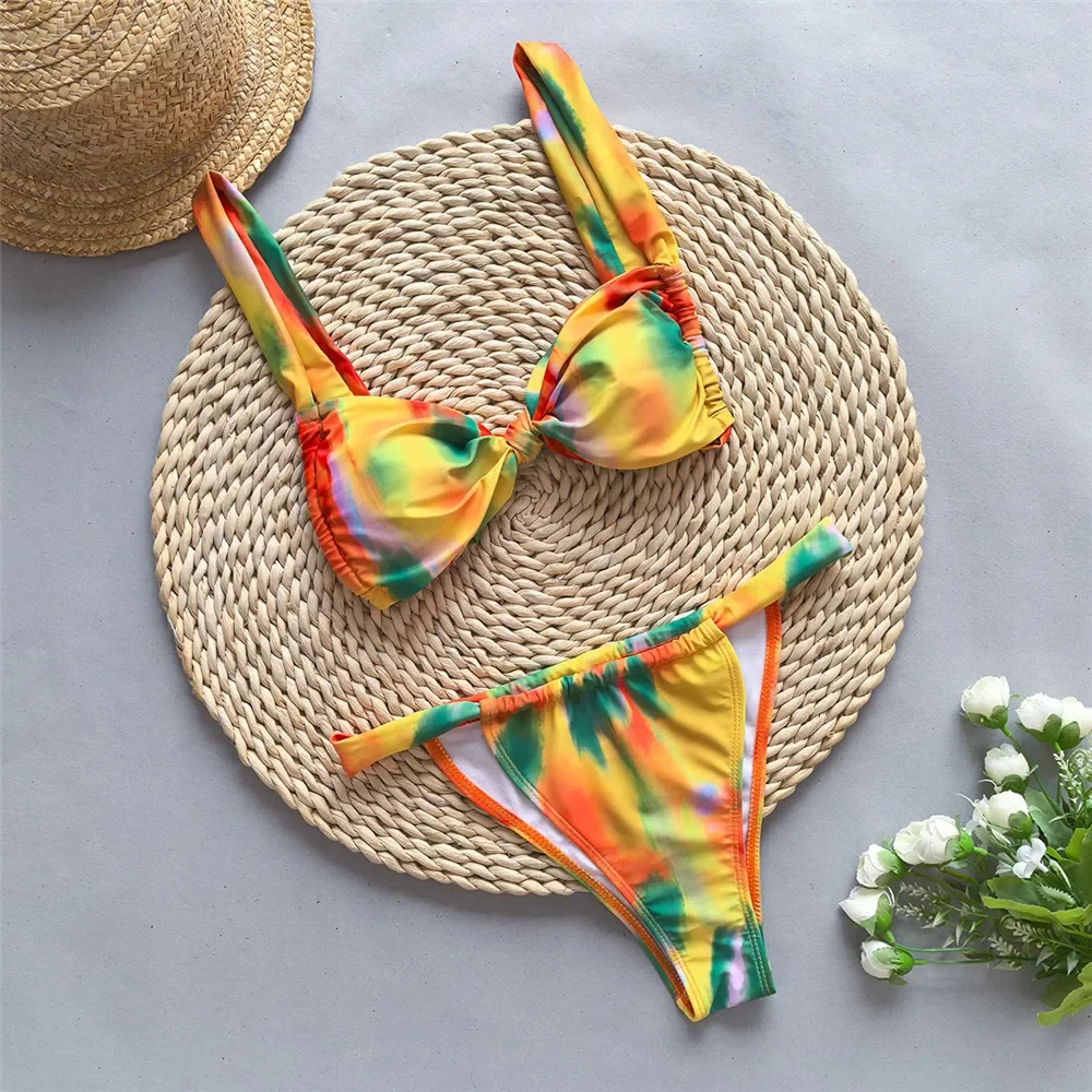 

Orange Tie Dye Micro Bikinis De Mujer Front Kontted Swimwear Mini Thong Sexy Swimsuit Women Bathing Suit Bandeau Bikini 2025