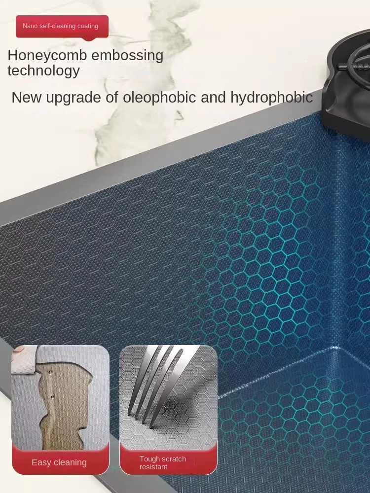 Fregadero de cocina grande de acero inoxidable 304 con ranura única, pantalla Digital Nano de panal, cascada con soporte para cuchillos, 75cm x 46cm