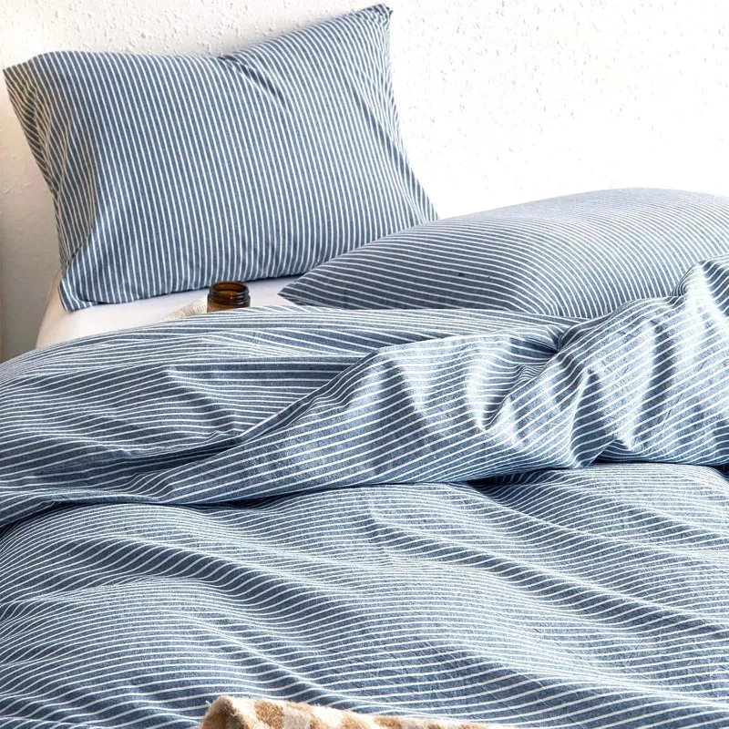 Striped Cotton Duvet Cover Set, 100% Washed Cotton Textured Percale Bedding Set, Ticking Stripe Pinstripe Farmhouse, 3 Pieces