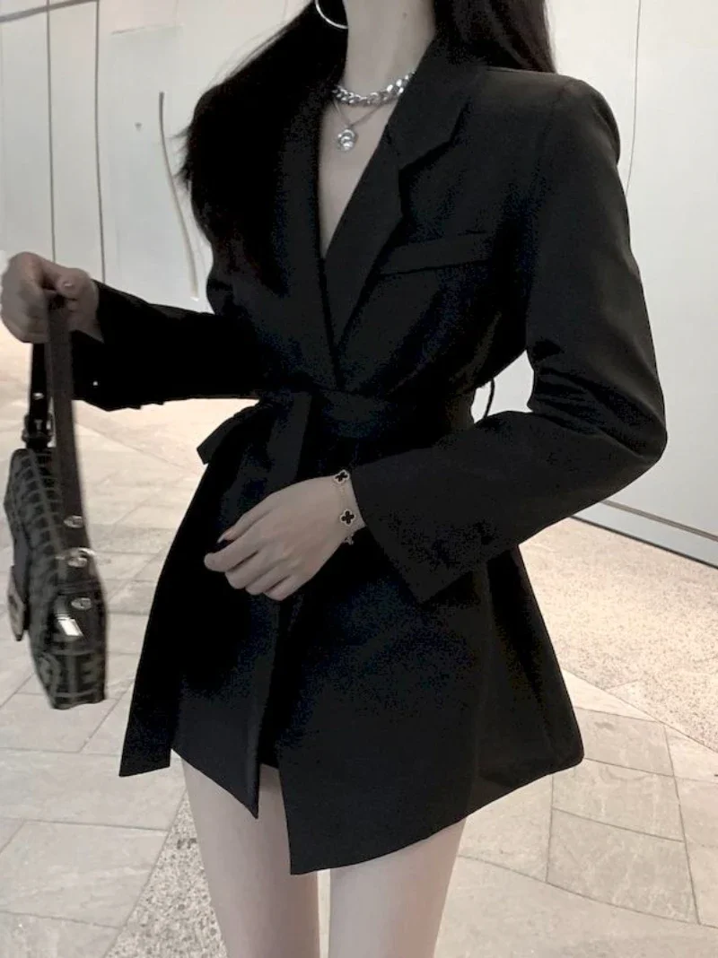 

Women's Spring Jackets 2022 Elegant White Black Office Wear With Belt Suit Blazer Coat Long Sleeve Ladies Dress For Women