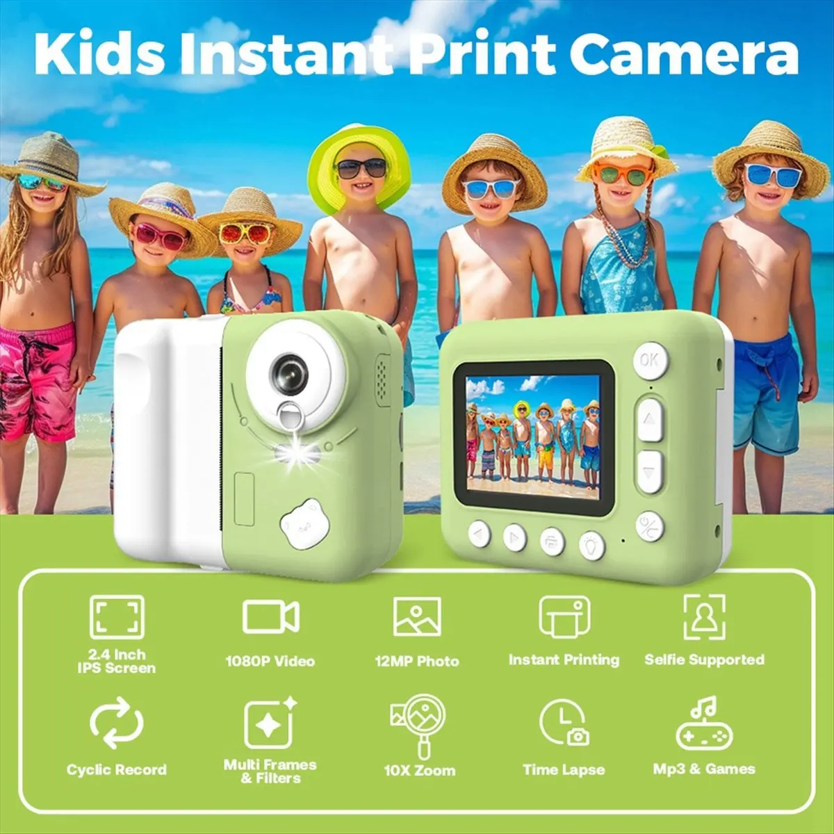 Mega Sale Kids Instant Print Camera 1080P HD Digital Camera with 2.4 Inch IPS Screen 10X Optical Zoom Includes 32GB TF Card Gre