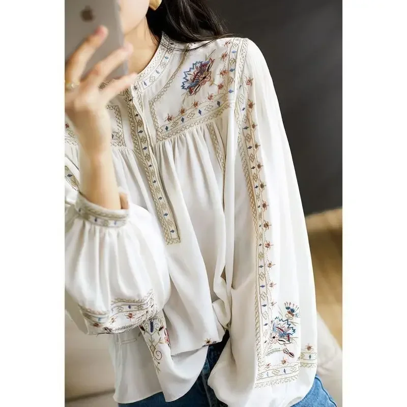 Pop Pop Fashionable Bohemian Print Shirt Women's Lantern Sleeve Top Spring Autumn New Style Versatile Retro Ethnic Patterned Blo
