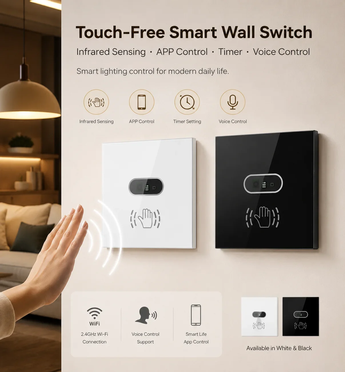 Touch Free Infrared Sensor Smart Wall Switch WiFi Tuya Smart Life APP Remote Control Timer Voice Control Light Switch for Home