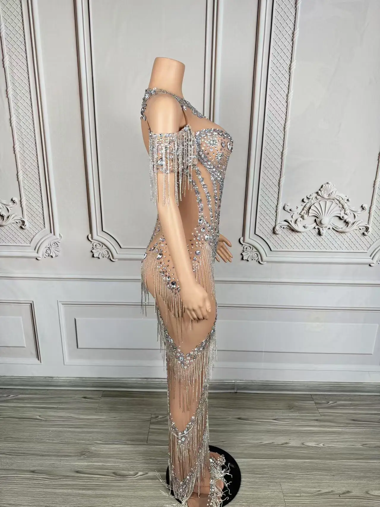 Nachtclub Tänzerin Kleidung Party Rave Outfit Abendkleid Silberkette Fransen Mesh Durchsichtig Sexy Drag Queen Kostüm