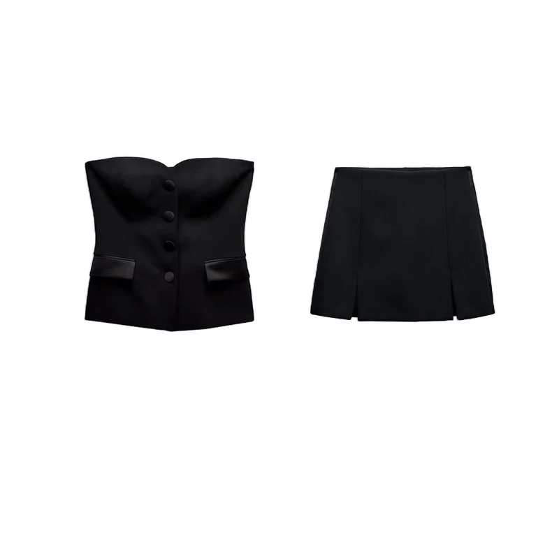 

Spring Silk Satin Texture Patchwork Slim Fit Brtte Top 888593 Split Design Skirt Pants 2287595 Faionable Women's Set