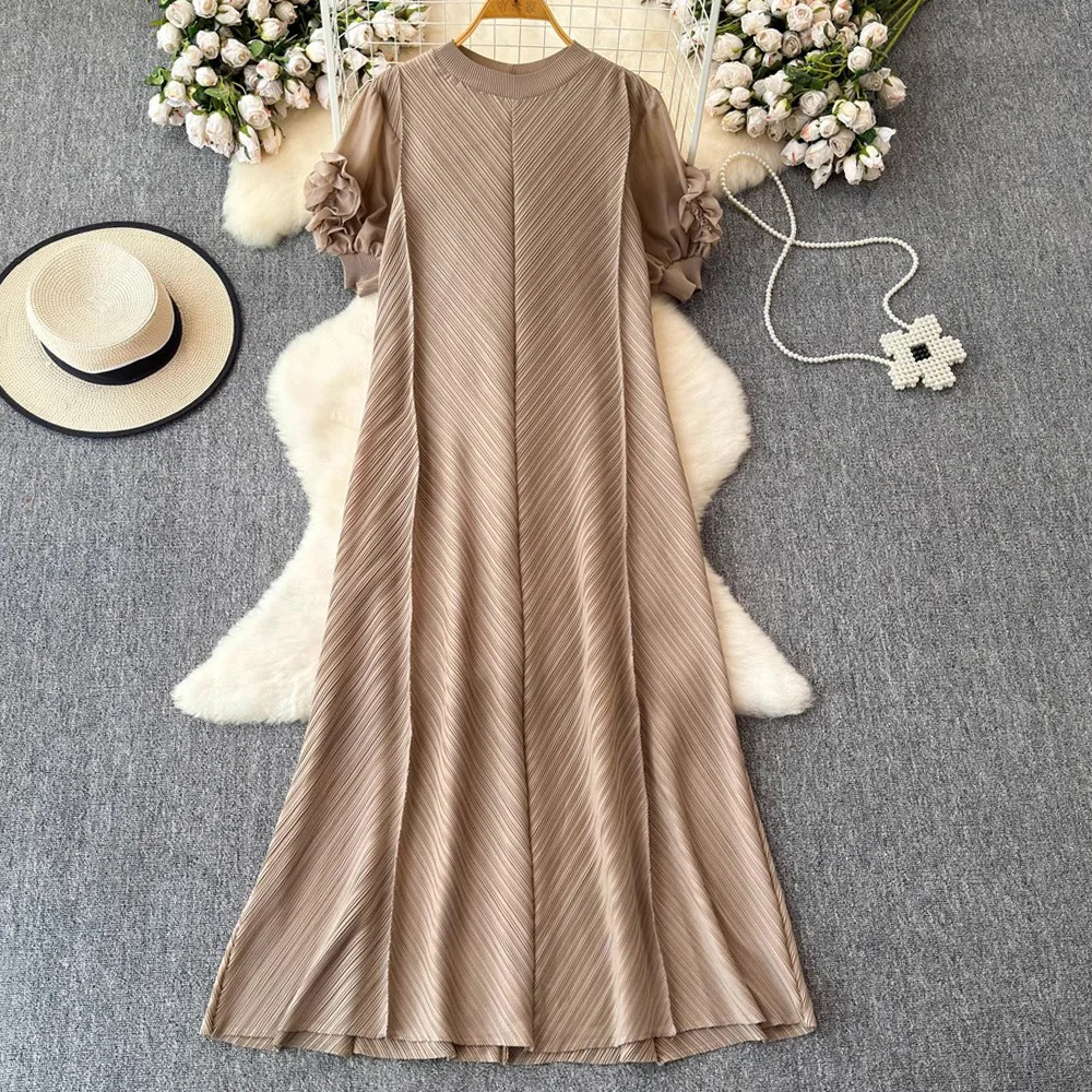 

Luxury 3D Flower Petal Sleeve Draped Pleated Miyake Dress Fashion Women Solid Loose Oversized High Stretch Long Party Vestidos