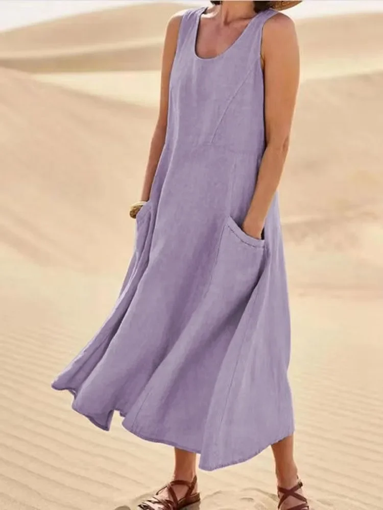 

Summer Fashion Cotton Linen Sleeveless Dress for Women O Neck Loose Vest Dress with Pocket Casual Loose Dresses Robe Femme