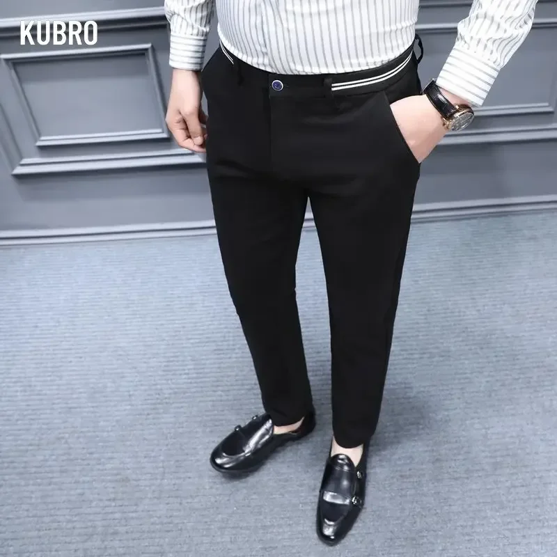 KUBRO Elastic Band Trouser Large Size Casual Pants Men 6 Colors Classic Style Fashion Business Slim Fit Straight Cotton Solid 38