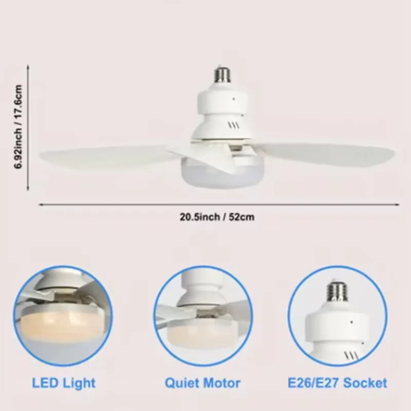 2026 E27 LED Ceiling Fan Light with Remote 3 Color Dimmable Fan Lamp Rotatable Converter Base for Bedroom Living Room Kitchen