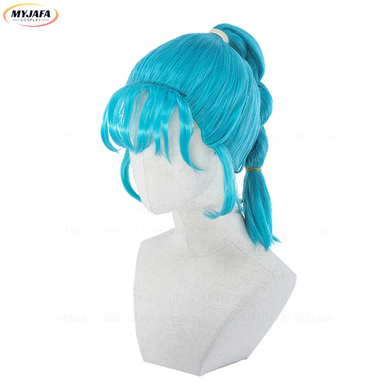 Bulma Cosplay Wig Buruma Wig Blue Braided Ponytail Heat Resistant Synthetic Hair Halloween Anime Role Play Wig + Wig Cap