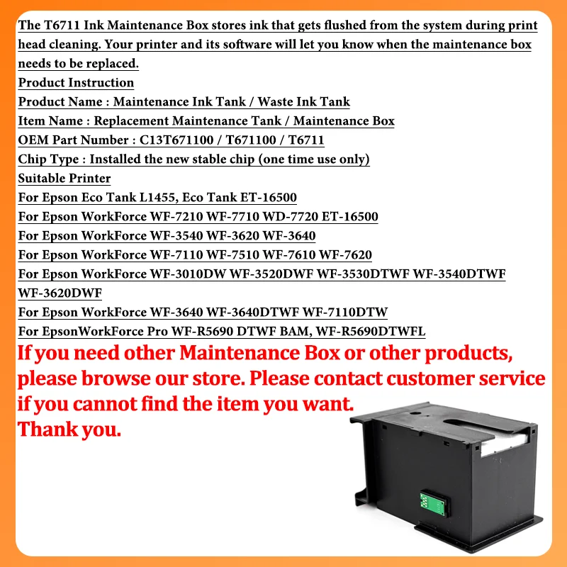 T6711 L1455 Maintenance Box Compatible for EPSON WF 7610 7620 7720 7110 7210 7510 7615 7710 7715 3010 3520 3530 3540 3620 3640