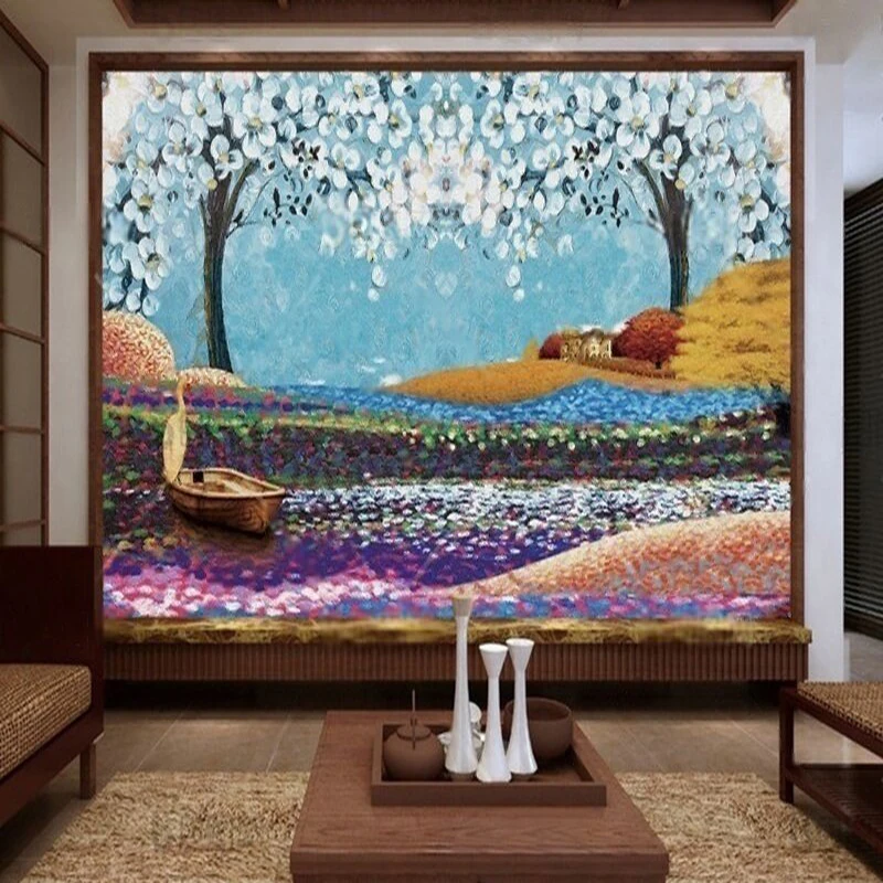 New Chinese-style oil painting flower color crane small boat TV luxurious home decoration bedroom background wall paper