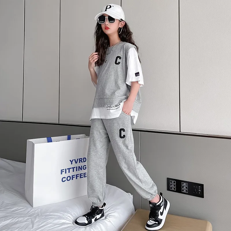 2PCS 2023 new Summer teens Girls Clothes children Sets Outfits Kids loose T-shirt + ankle-tied Pants tracksuit 6 8 10 12 14 Year