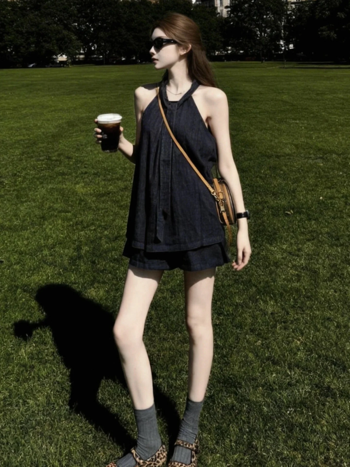 

Spicy Girl Casual Summer Outfit Two-Piece Set High Waist Short Skirt Denim Neck Hanging Sleeveless Top Lightweight Loose Fit