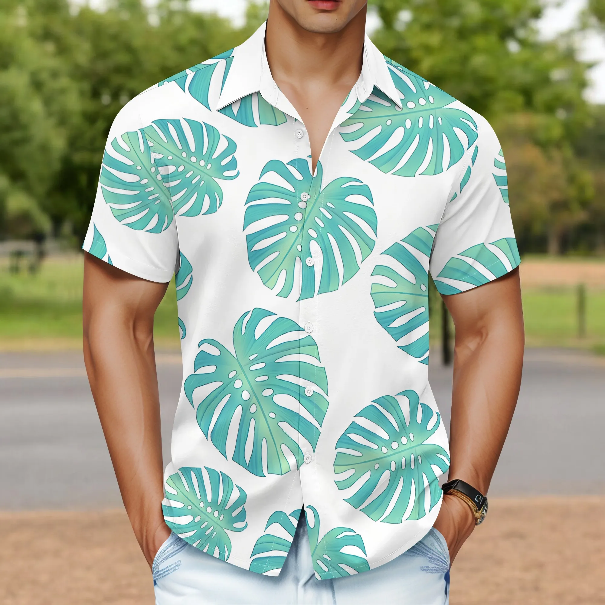 YEAE Blue Monstera Leaf Pattern Shirt for Men Summer Casual Short Sleeve Top