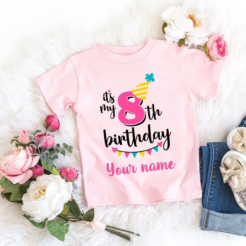 Personalized Girl Birthday Cartoon T Shirt for Girls Tshirt Number 1 2 3 4 5 6 7 8 Graphic Kids Clothes Birthday Party Outfits