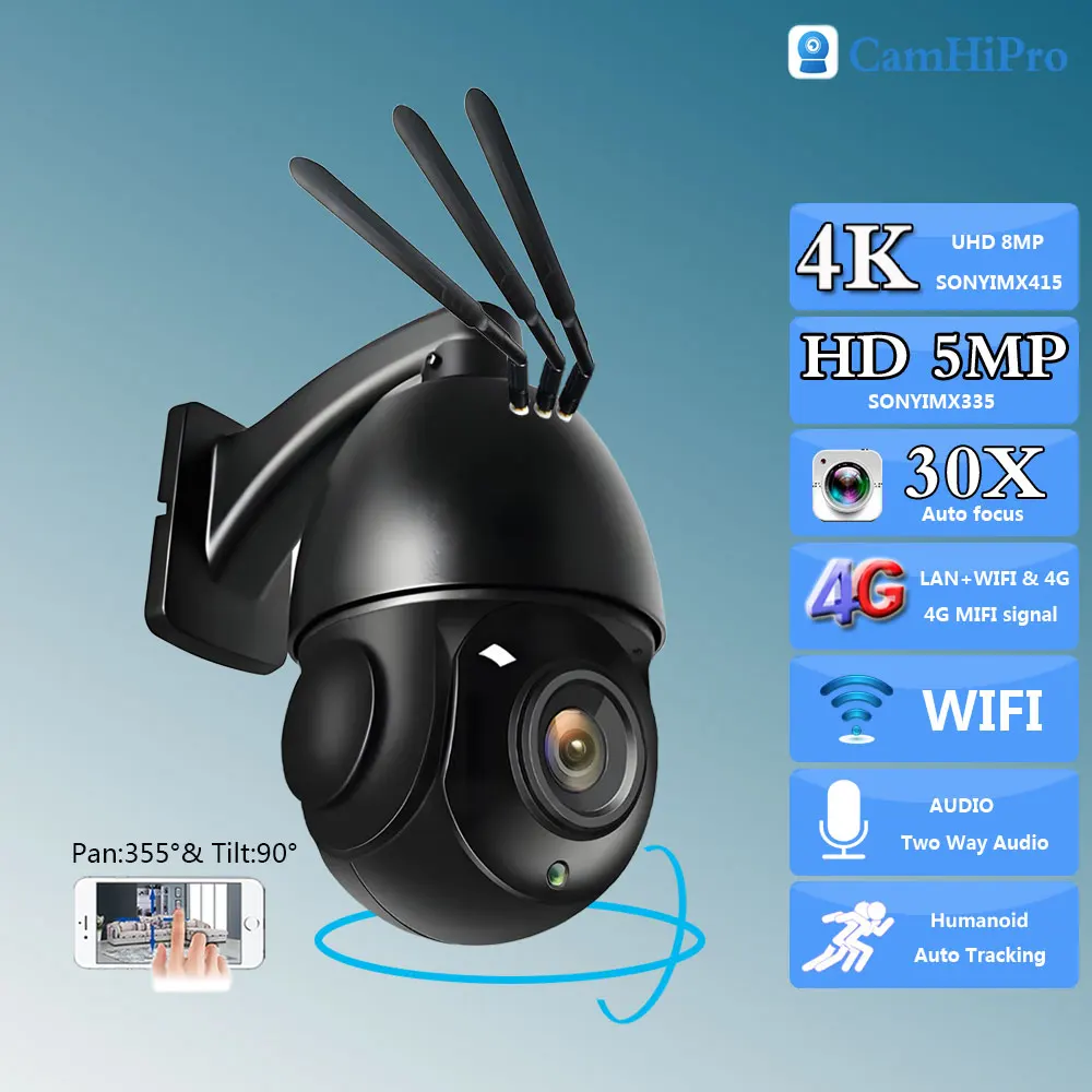 

4K 8MP So-ny415 30X Auto Zoom 3G 4G SIM Card Wireless Security IP Camera Wifi PTZ Dome Two Way Audio AI Human Tracking IR 80M