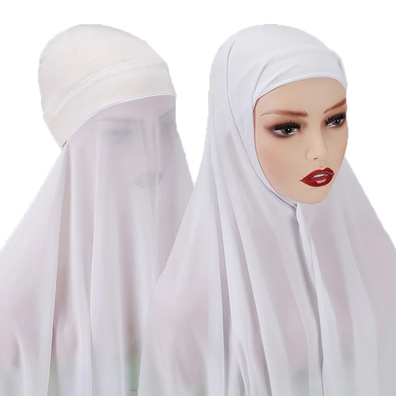 Instant Hijabs With Cap Plain Chiffon Jersey Hijabs For Woman Veil Muslim Islamic Hijab Cap Scarf For Women\'s Hijabs Headscarf