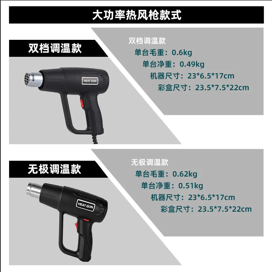 2000W Heat Gun Two Speed Temperature Control 300 to 520 Celsius for Car Film Wrapping Vinyl Installation Shrink Tubing with