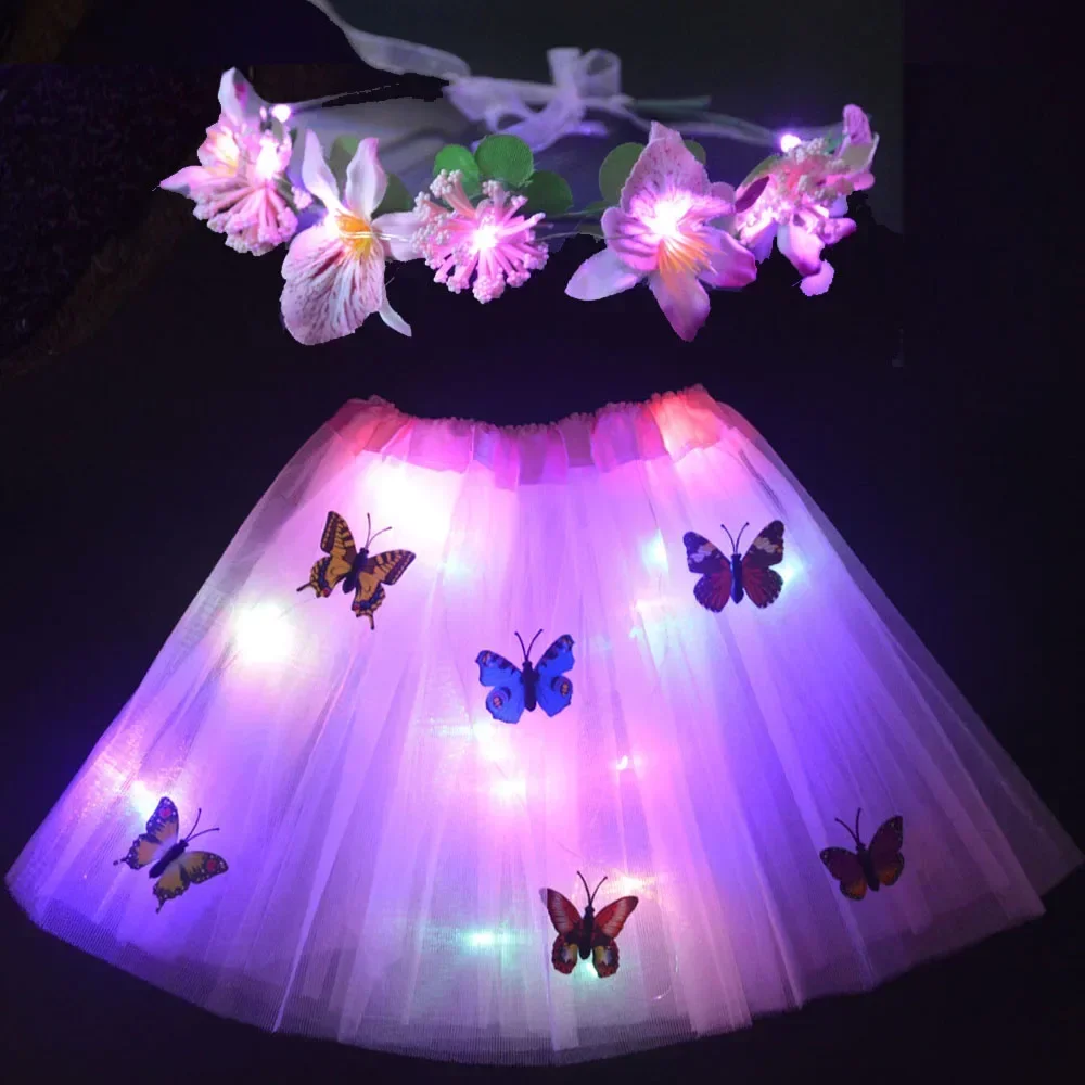 Women Girl LED Light Up Fairy Tutu Skirt Flower Headband Crown Gift Birthday Party Costume Wedding Festival Christmas Halloween