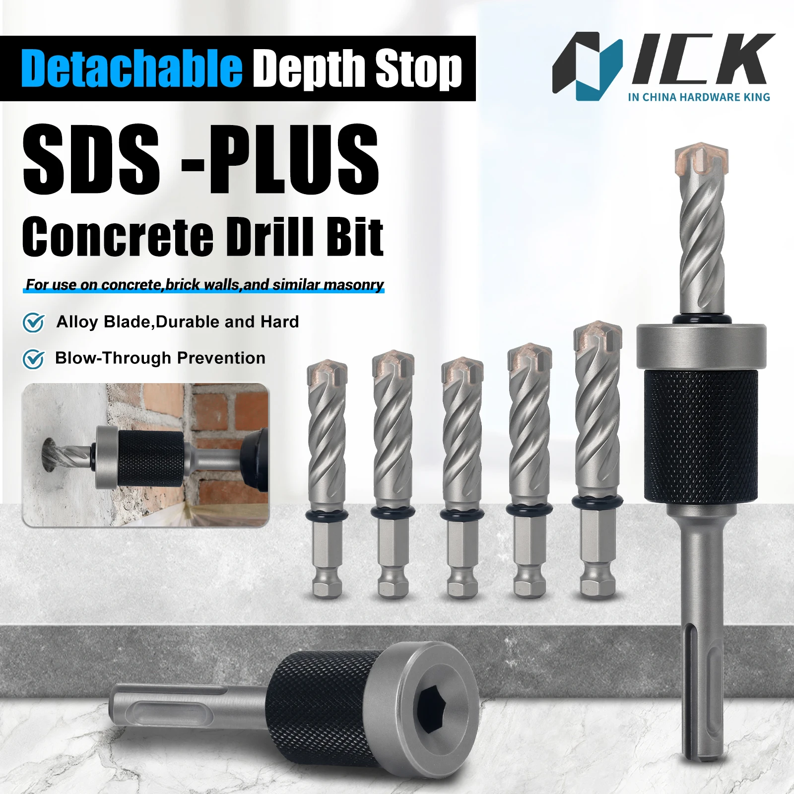 

SDS-Plus Hammer Drill Bit with Detachable Depth Stop Split-Design Drill Bit for Concrete Brick & Masonry Precise Depth Control