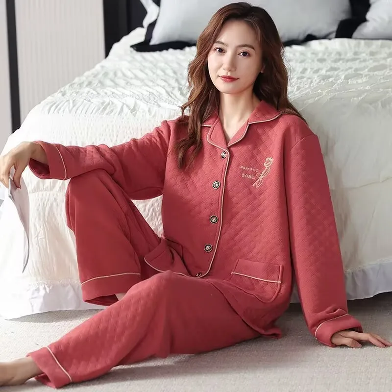 

Women's Cotton Pajamas Suit Spring Autumn Long Sleeve Cardigan Sleepwear Cardigan Coat Pants 2 PCS Casual Homewear Set Outwear