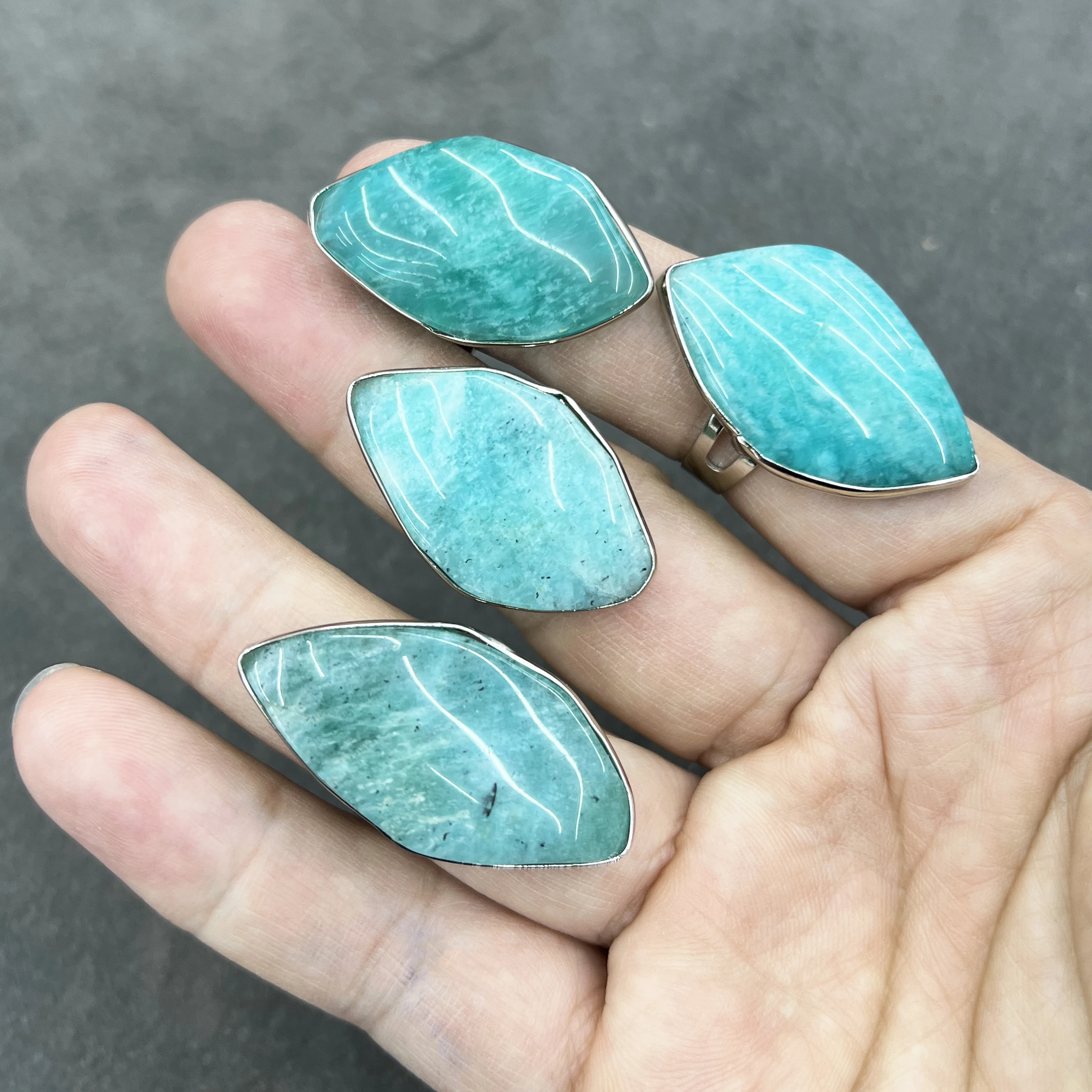 Irregular Natural Amazonite Adjustable Ring for Women Silver Color Engagement Wedding Brithday Jewelry