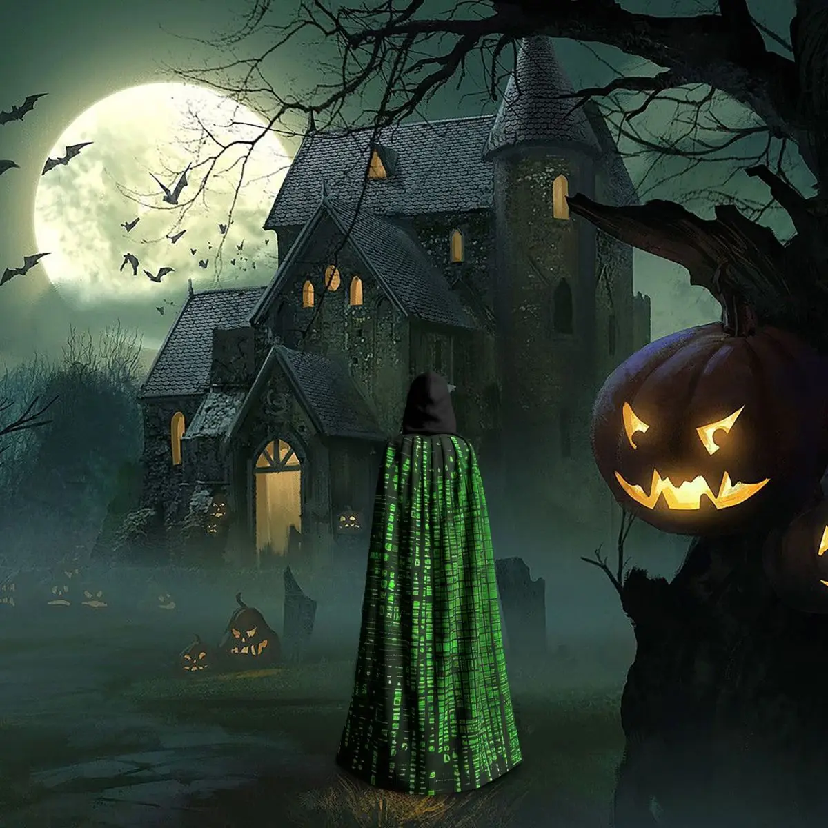 ديناميكية مصفوفة ثنائية رمز طويل مقنع عباءة ساحرة القرون الوسطى زي تأثيري كيب HalloweenParty الكبار للجنسين