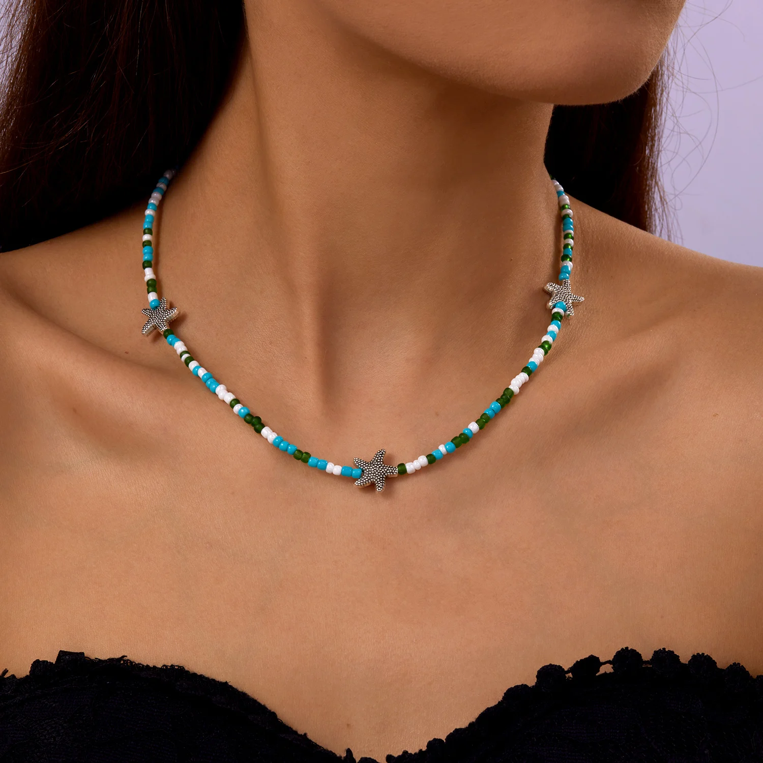 Unregelmäßige bunte Naturstein-Perlen-Halskette für Frauen, handgefertigt, böhmischer Seestern, Schlüsselbeinkette, Strandparty, Charm-Schmuck – Detail 17