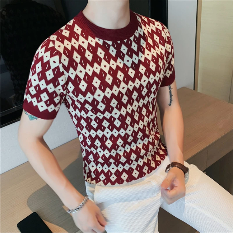 

Spring Autumn Men Crewneck Knitting Short Sleeve sweaters Fashion Leisure Slimming Diamond Lattice Social Club Pullover sweaters