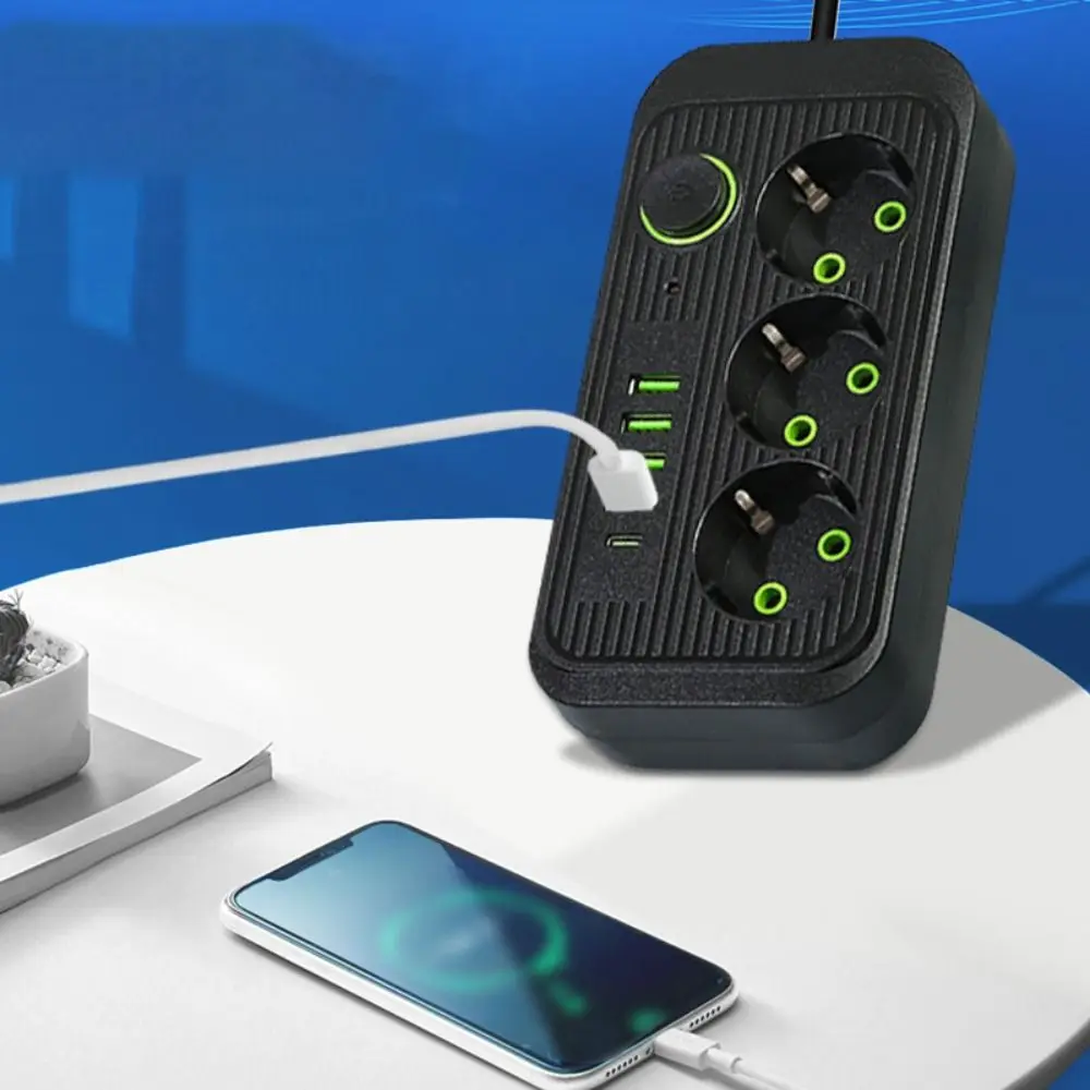 

2m Extension Cord EU Outlet Power Strip 3-Outlets Independent Switch Extended USB Socket Power Button Safe 4 USB Ports