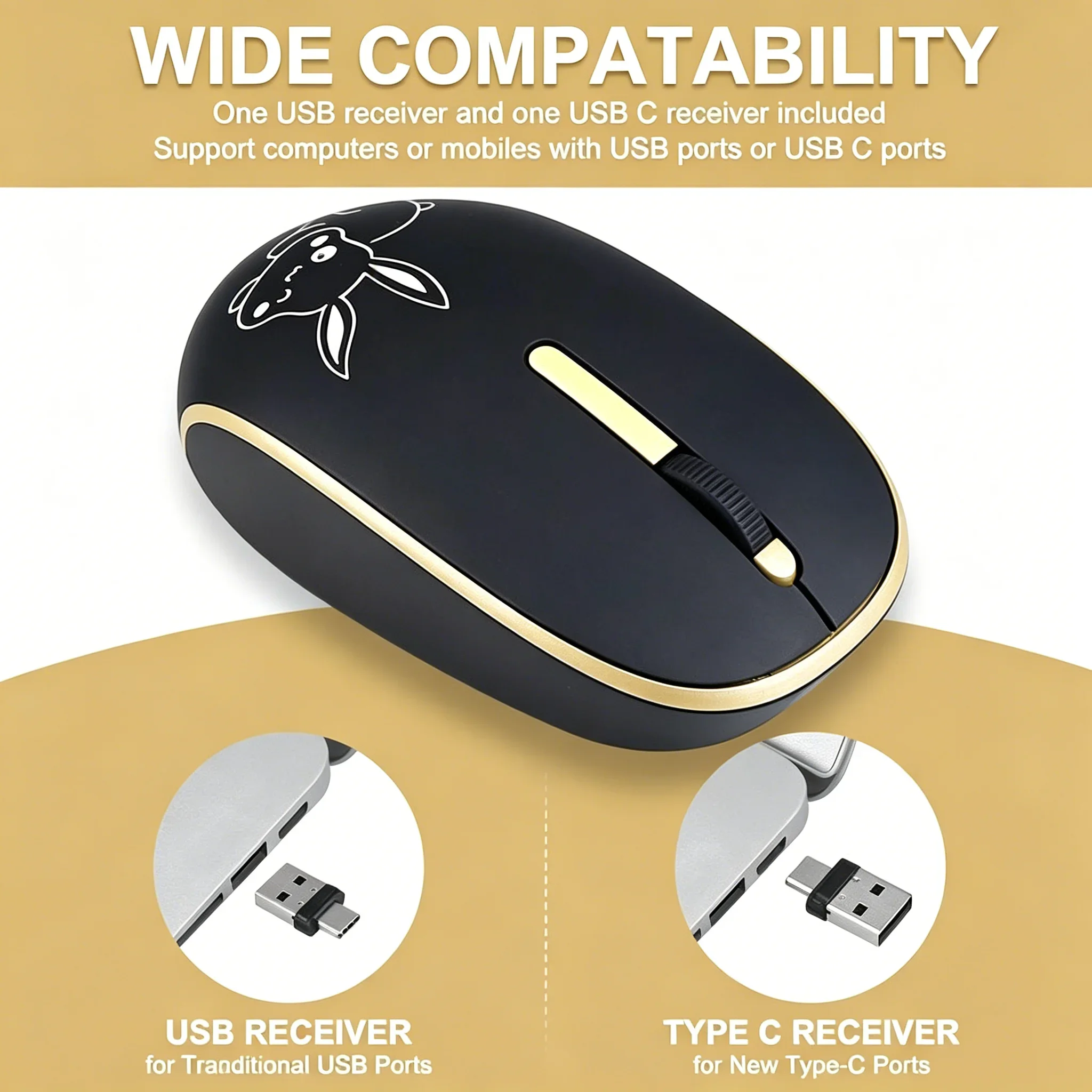 Wireless Silent Mouse with USB-A & USB-C Dual Receiver Cute Rabbit Design Mini Computer Mice for Windows Mac os Linux