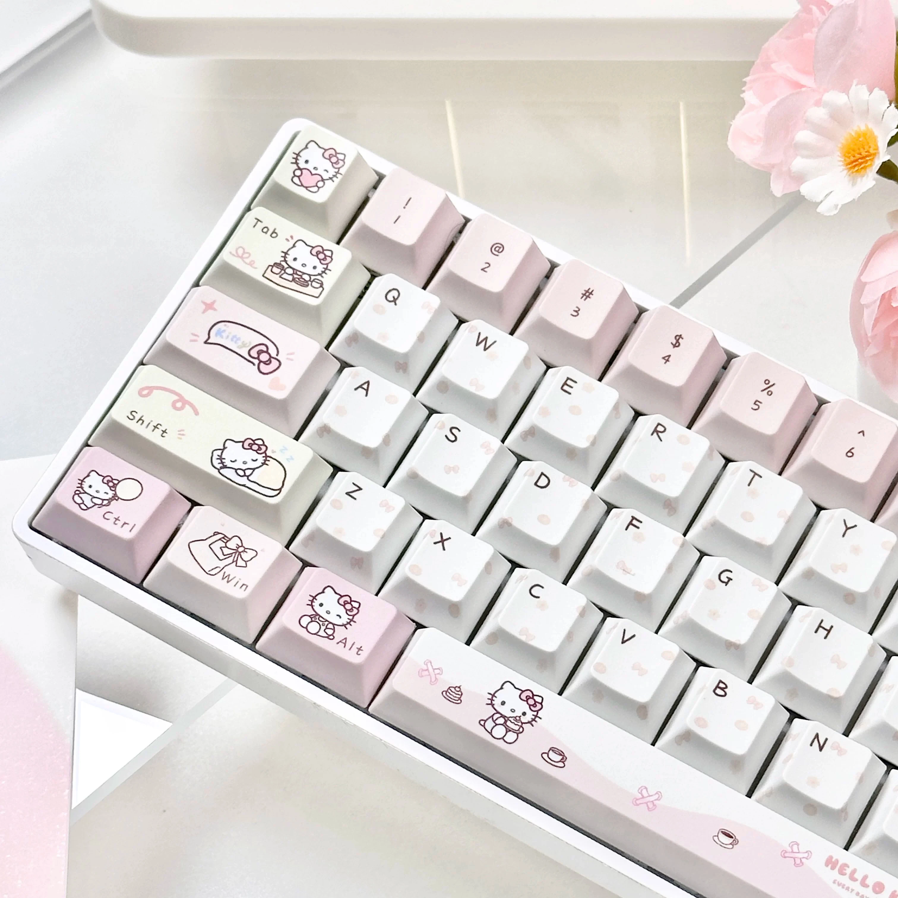 Kawaii Sanrio Hello Kitty Keycaps Cherry Profile PBT Sublimation Pink Keycap Set for ANSI Layout MX Switch Mechanical Keyboards